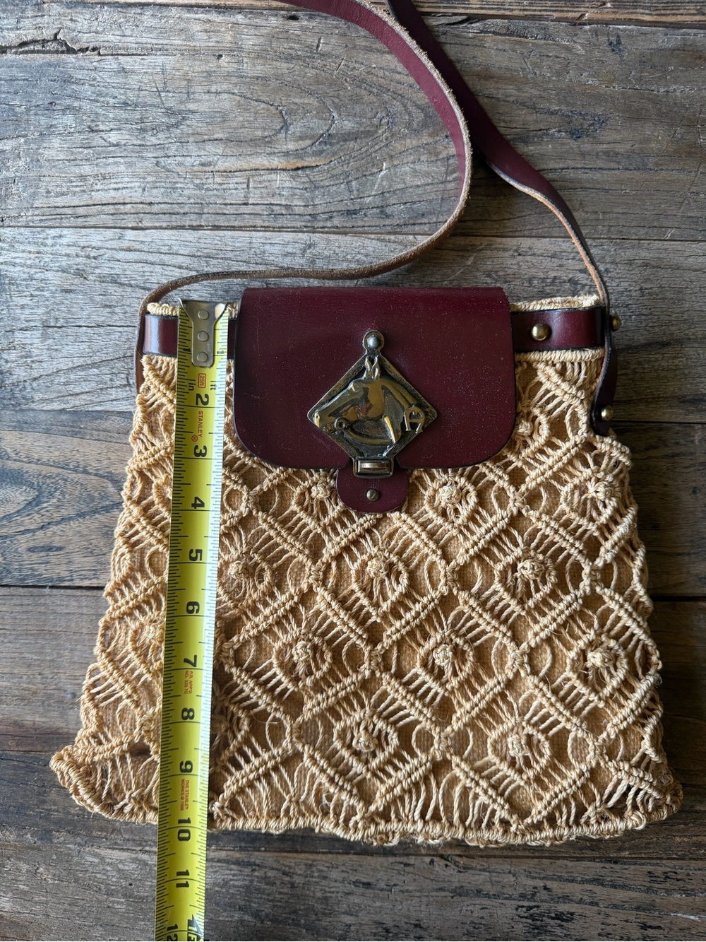 Woven Straw Crossbody Bag with Burgundy Leather Trim and a Brass Horse - Picture 5 of 8